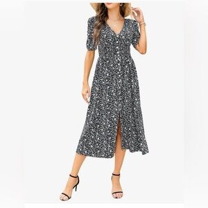 Black V neck, mini floral midi dress with sleeves